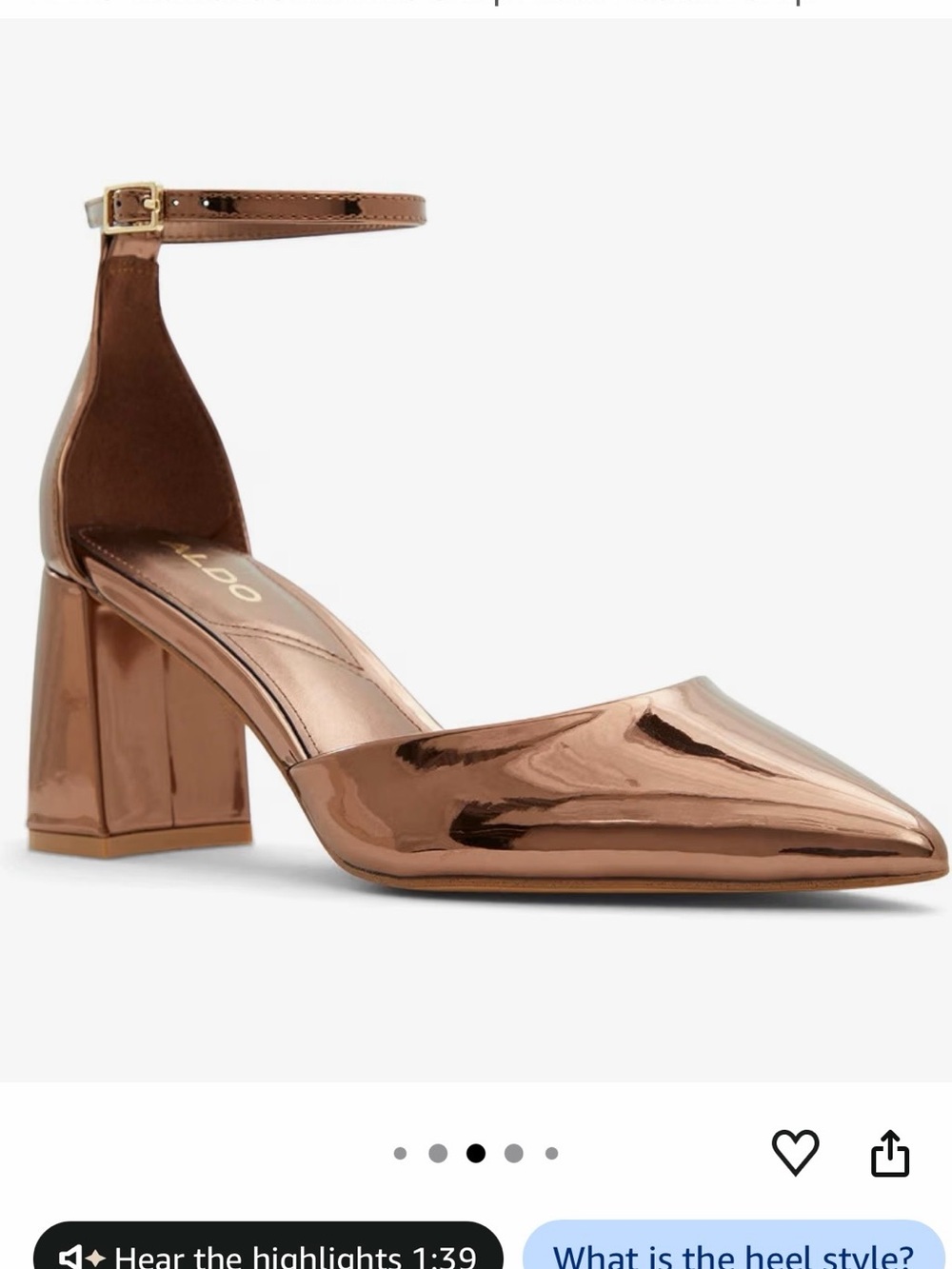 Aldo Metallic Copper Pointed Toe Block Heel with Ankle Strap